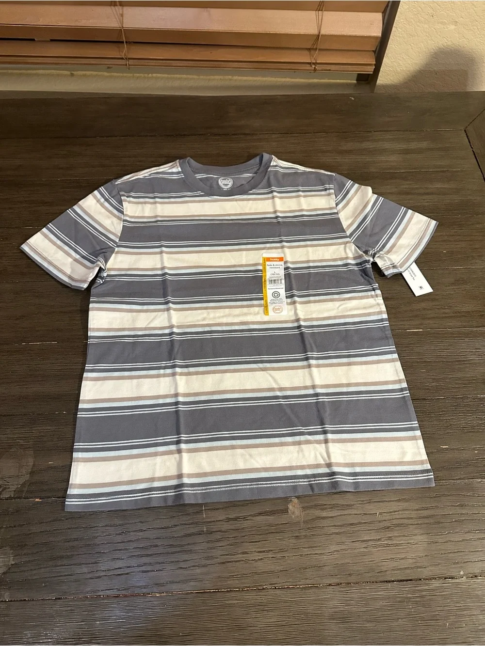 New Boys 10/12 HUSKY Short Sleeve Striped Tee - Gray,Tan & White